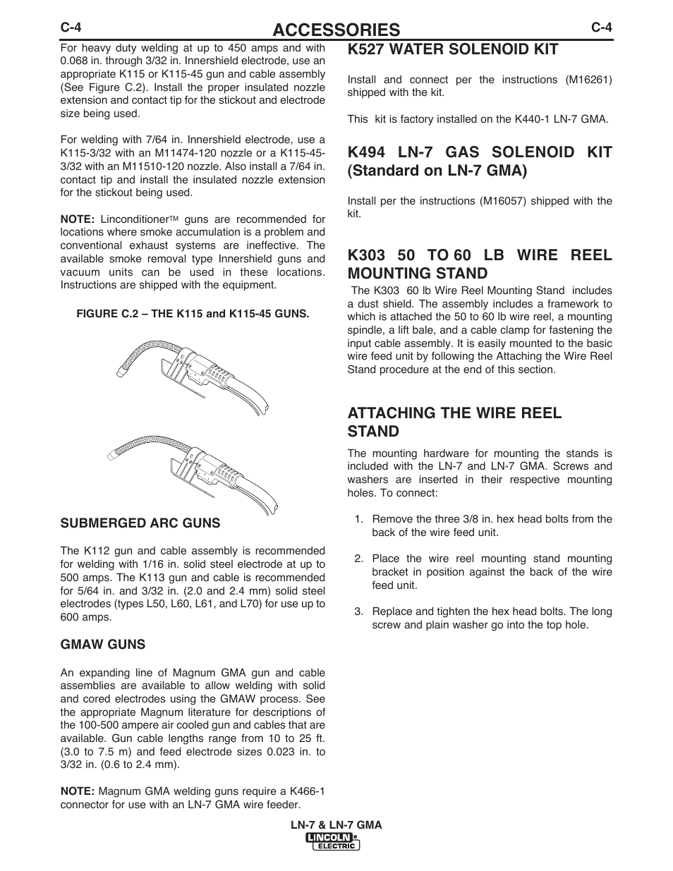 Accessories, K527 water solenoid kit, Attaching the wire reel stand | Lincoln Electric IM351 LN-7 GMA Wire Feeder User Manual | Page 48 / 62