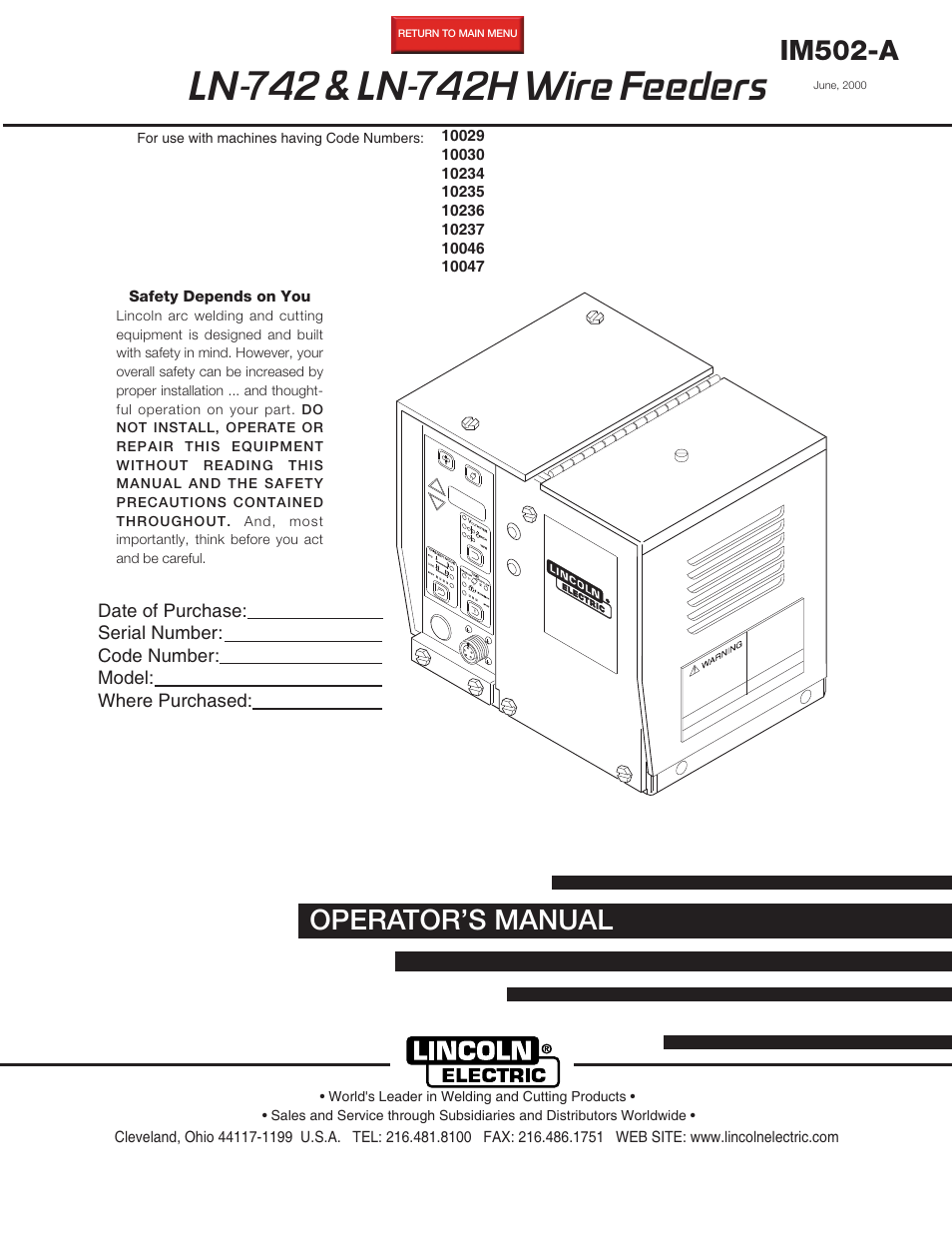 Lincoln Electric IM502 LN-742H Wire Feeder User Manual | 48 pages