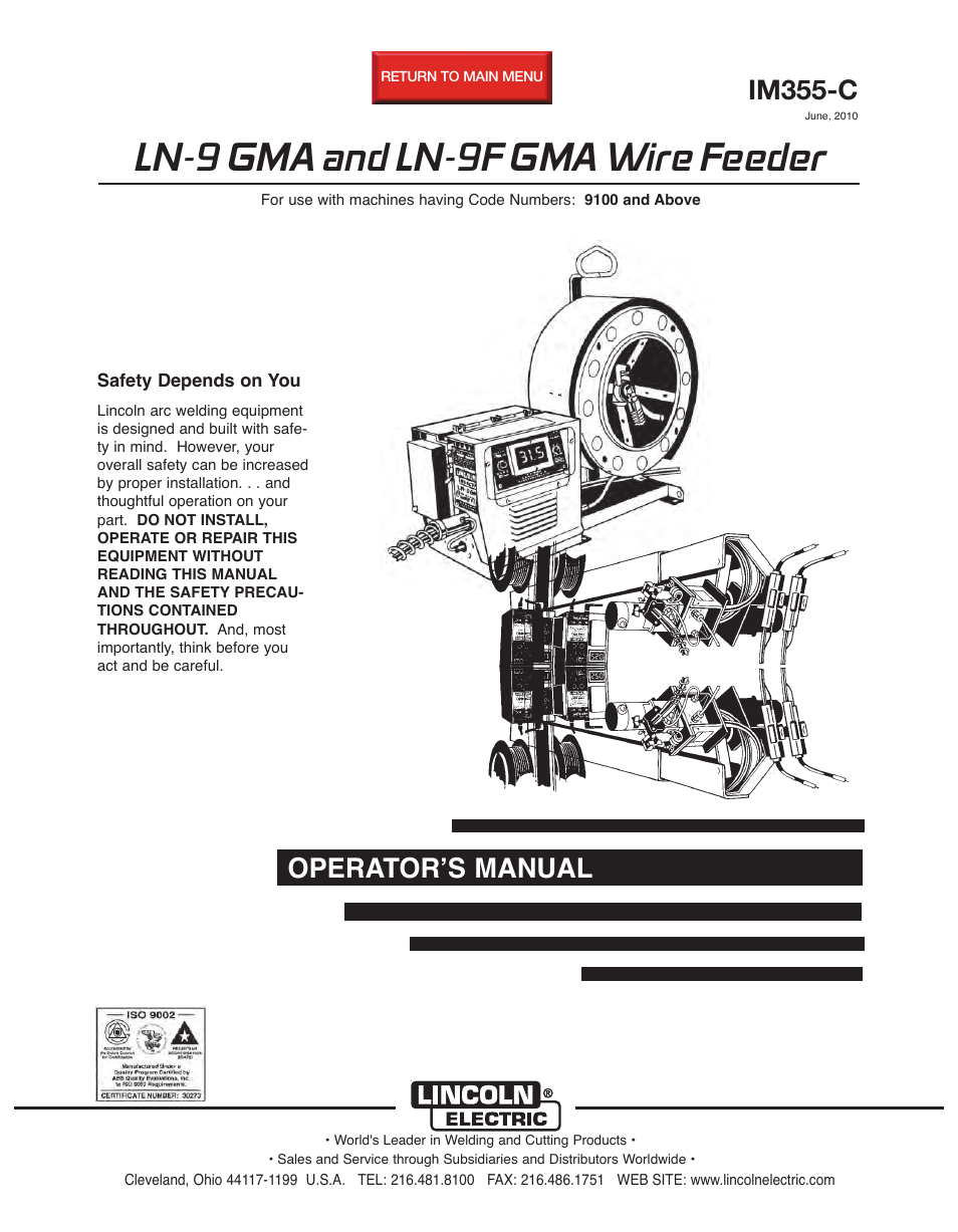 Lincoln Electric IM355 LN-9F GMA Wire Feeder User Manual | 70 pages