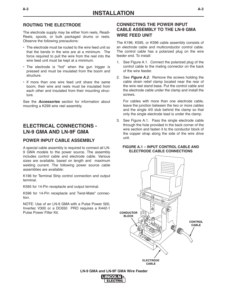 Installation, Electrical connections - ln-9 gma and ln-9f gma | Lincoln Electric IM355 LN-9F GMA Wire Feeder User Manual | Page 12 / 70