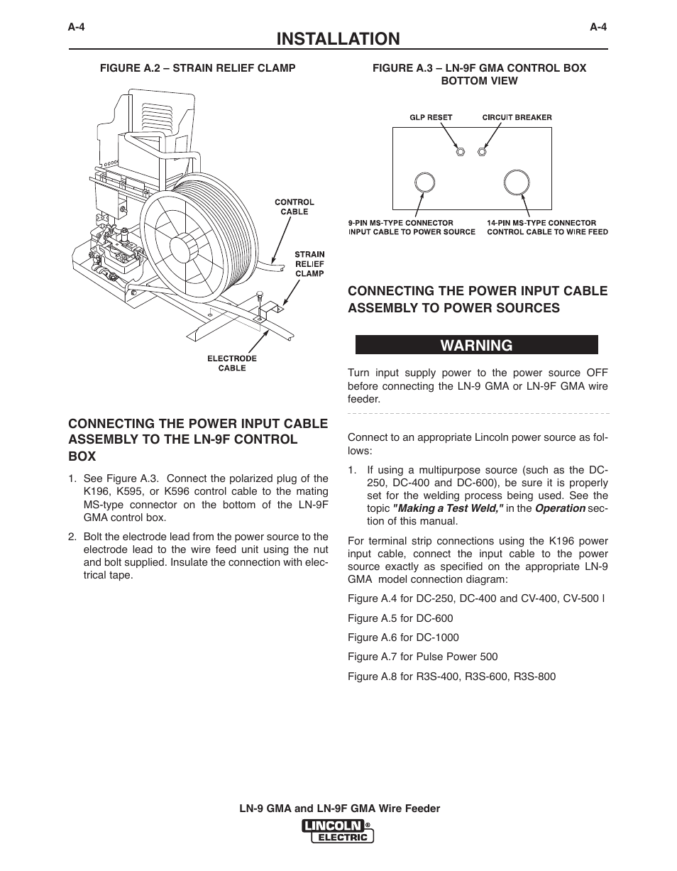 Installation, Warning | Lincoln Electric IM355 LN-9F GMA Wire Feeder User Manual | Page 13 / 70