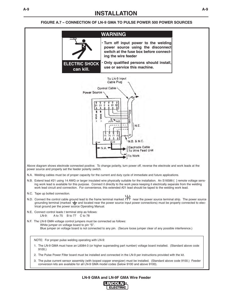 Installation, Warning, Electric shock can kill | Lincoln Electric IM355 LN-9F GMA Wire Feeder User Manual | Page 18 / 70