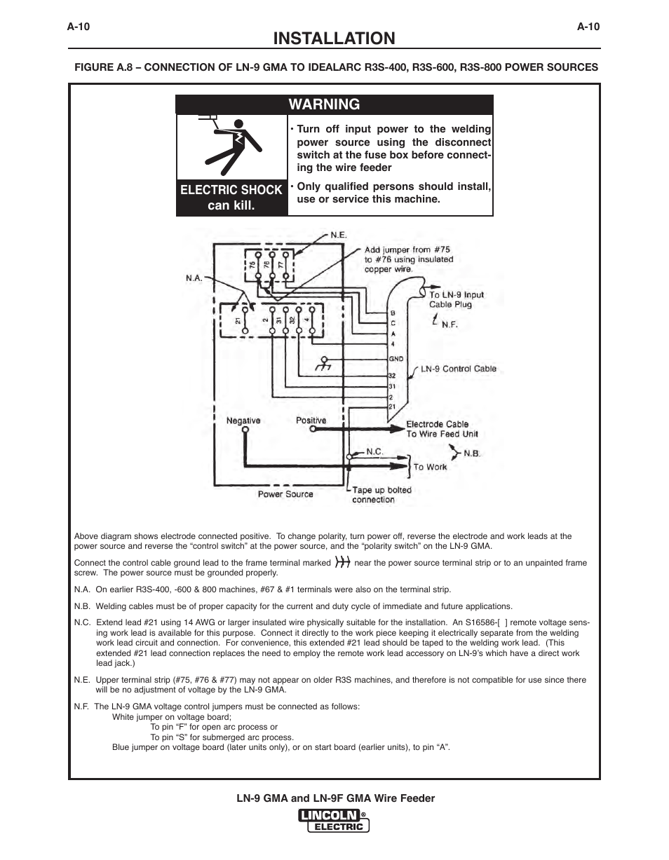 Installation, Warning, Electric shock can kill | Lincoln Electric IM355 LN-9F GMA Wire Feeder User Manual | Page 19 / 70