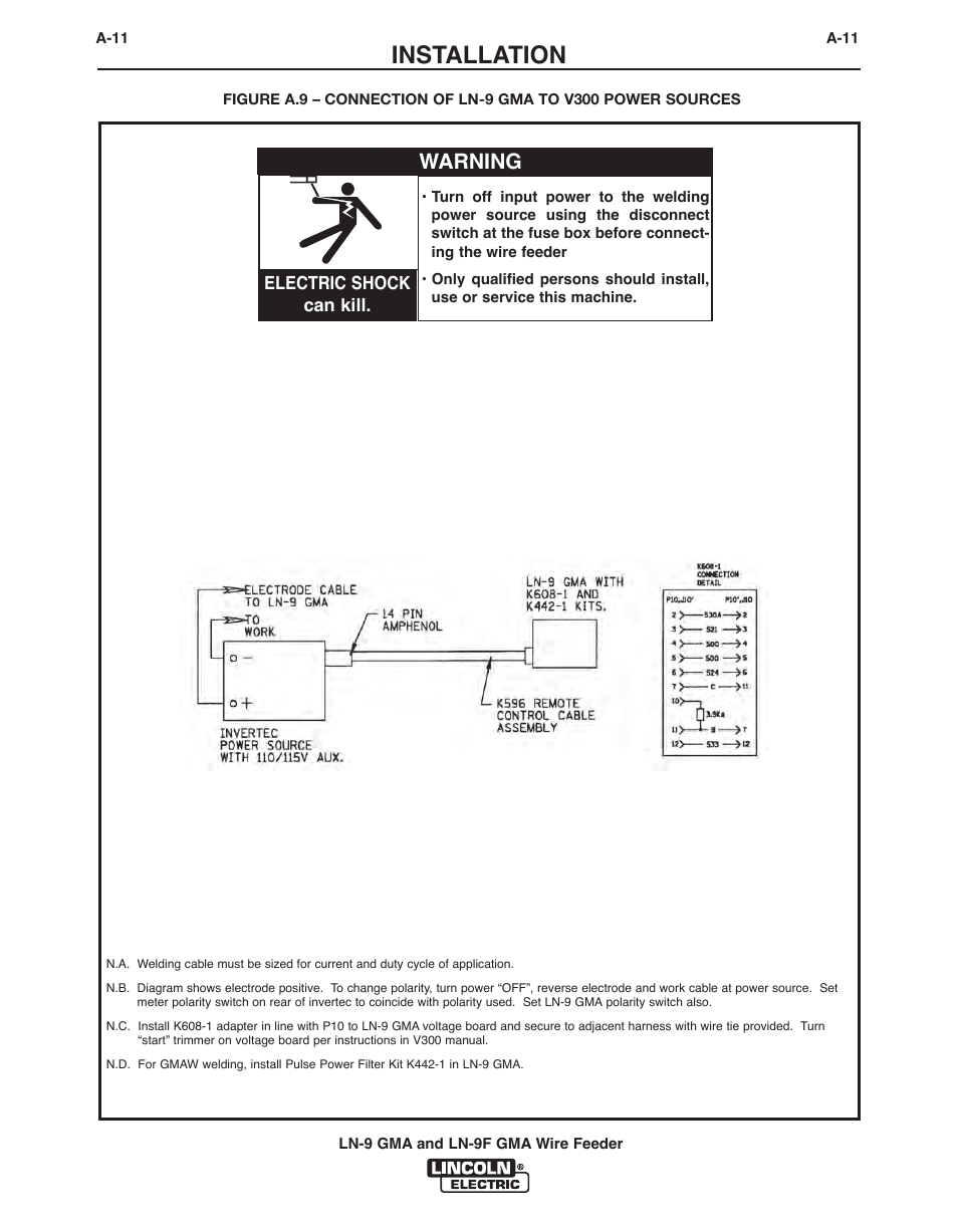 Installation, Warning | Lincoln Electric IM355 LN-9F GMA Wire Feeder User Manual | Page 20 / 70