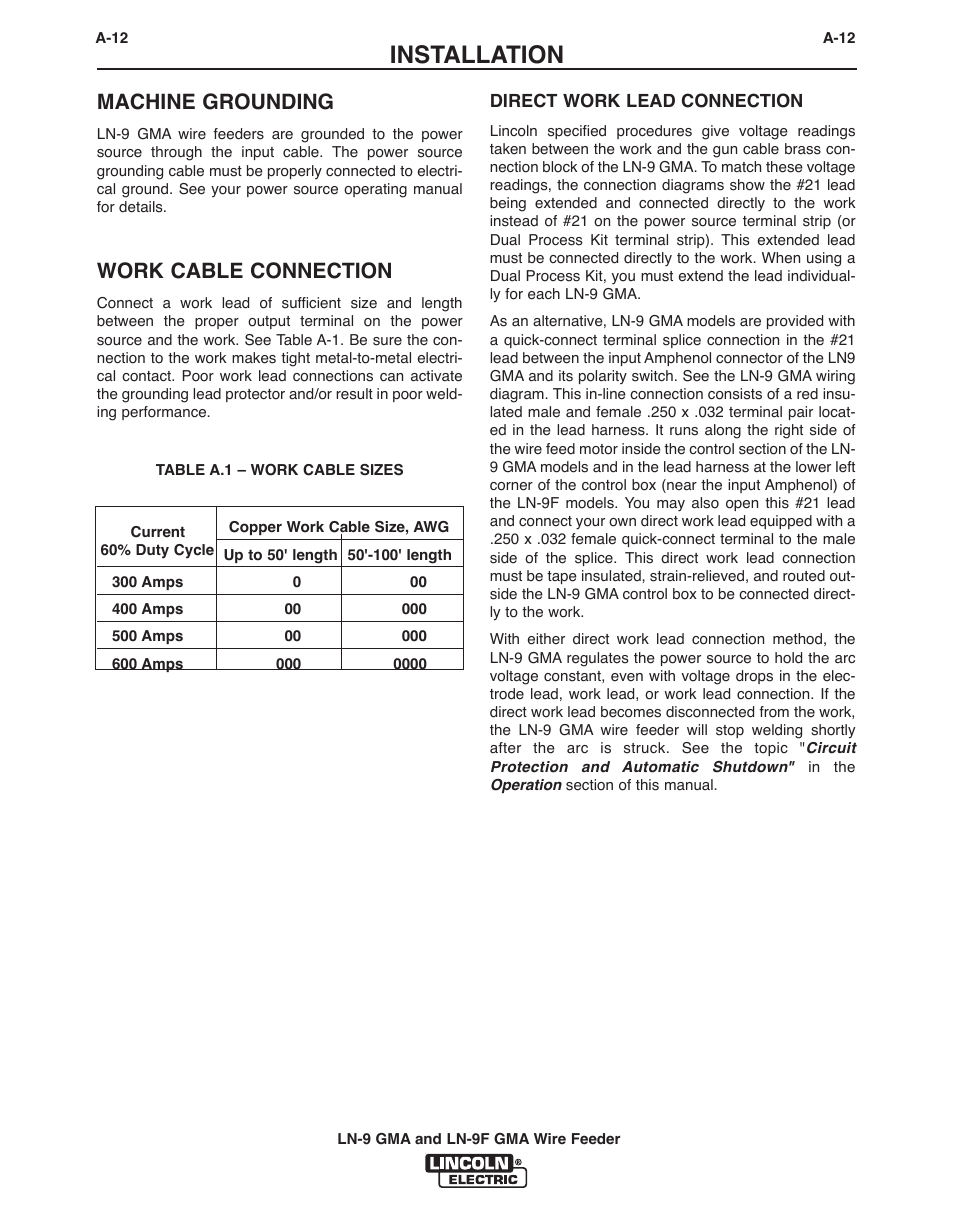 Installation, Machine grounding, Work cable connection | Lincoln Electric IM355 LN-9F GMA Wire Feeder User Manual | Page 21 / 70