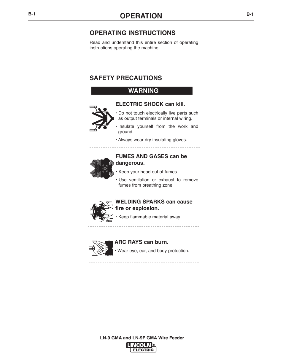 Operation, Operating instructions, Safety precautions | Warning | Lincoln Electric IM355 LN-9F GMA Wire Feeder User Manual | Page 24 / 70