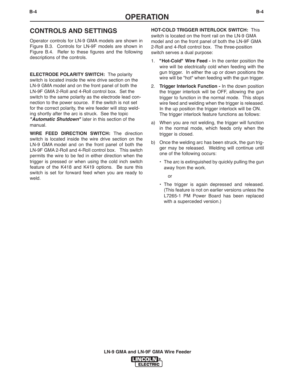 Operation, Controls and settings | Lincoln Electric IM355 LN-9F GMA Wire Feeder User Manual | Page 27 / 70