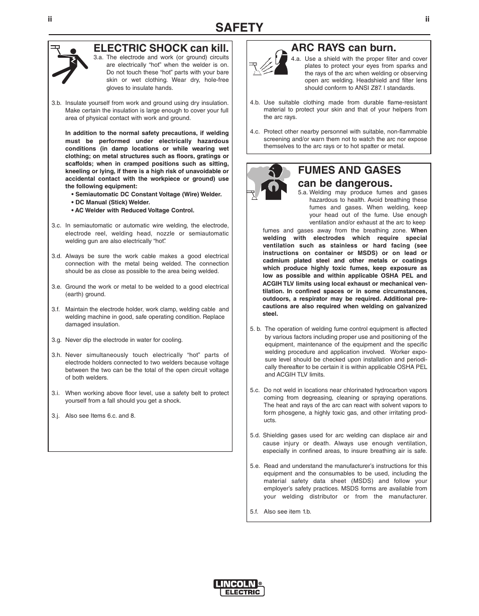 Safety, Arc rays can burn, Electric shock can kill | Fumes and gases can be dangerous | Lincoln Electric IM355 LN-9F GMA Wire Feeder User Manual | Page 3 / 70