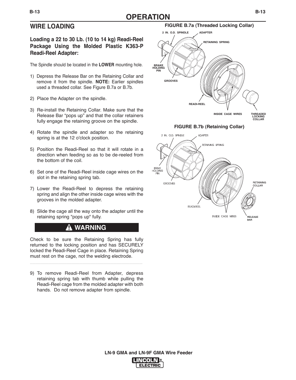 Operation, Wire loading, Warning | Lincoln Electric IM355 LN-9F GMA Wire Feeder User Manual | Page 36 / 70