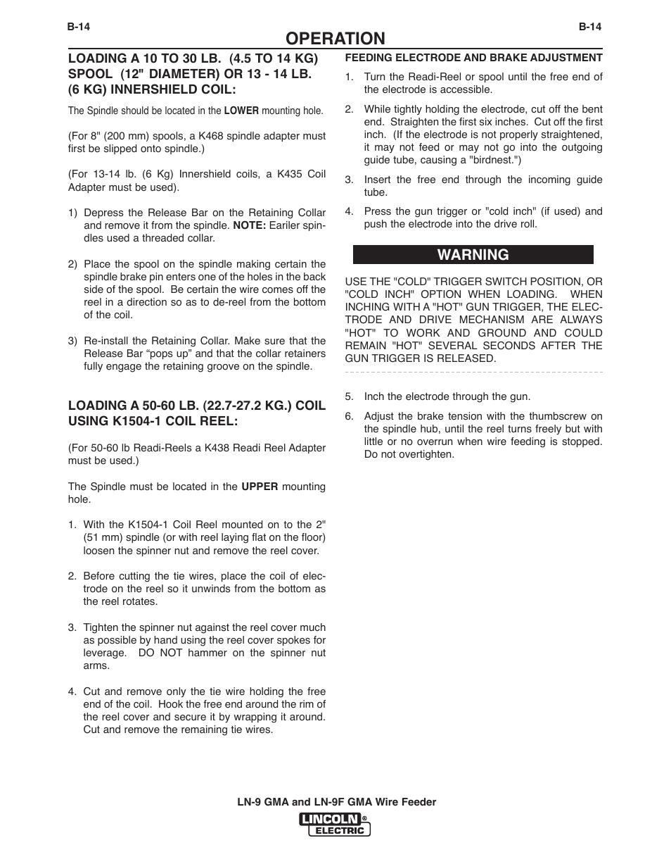 Operation, Warning | Lincoln Electric IM355 LN-9F GMA Wire Feeder User Manual | Page 37 / 70