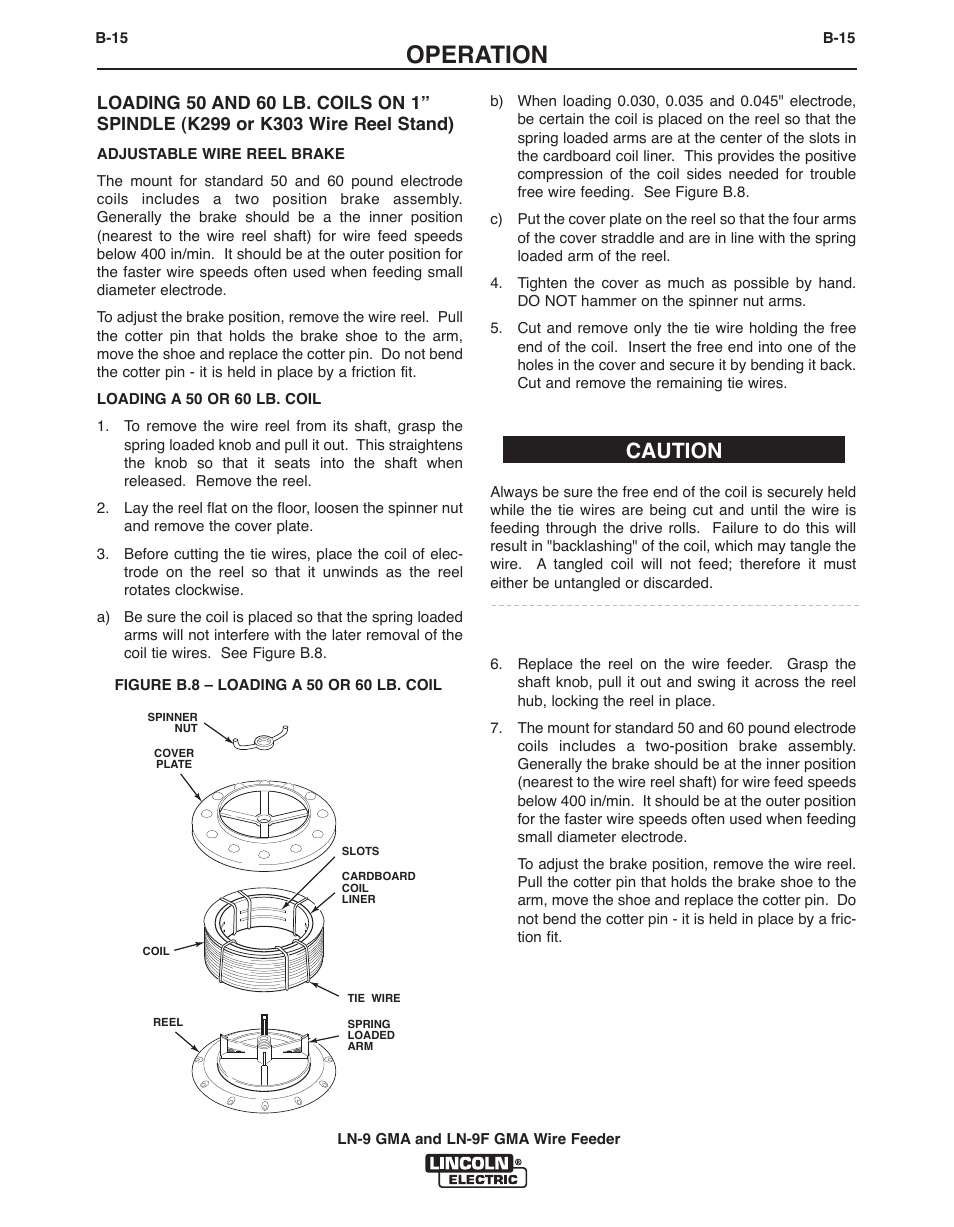 Operation, Caution | Lincoln Electric IM355 LN-9F GMA Wire Feeder User Manual | Page 38 / 70