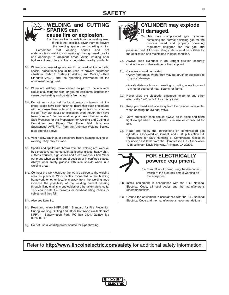Safety, For electrically powered equipment, Cylinder may explode if damaged | Lincoln Electric IM355 LN-9F GMA Wire Feeder User Manual | Page 4 / 70