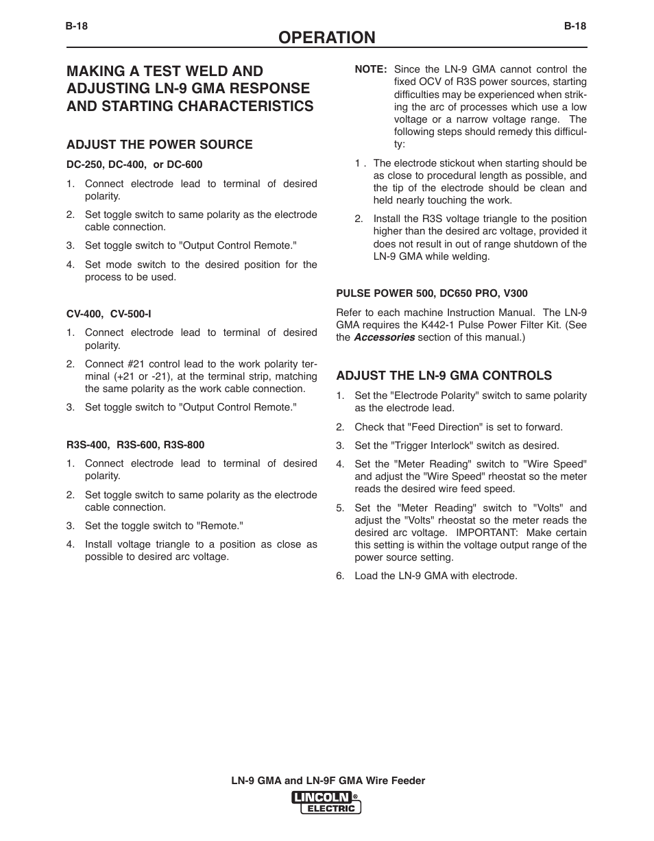 Operation | Lincoln Electric IM355 LN-9F GMA Wire Feeder User Manual | Page 41 / 70