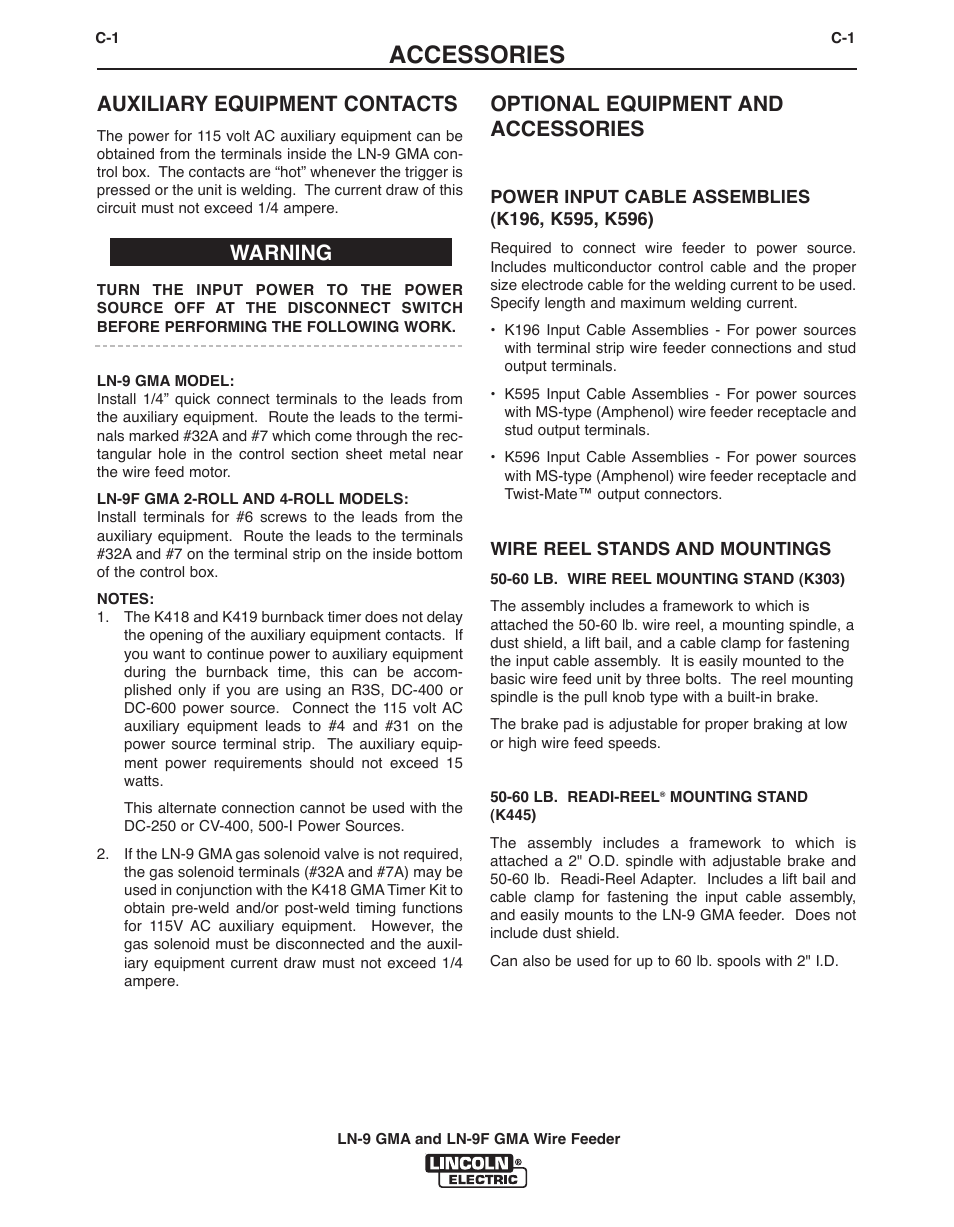 Accessories, Auxiliary equipment contacts, Optional equipment and accessories | Warning | Lincoln Electric IM355 LN-9F GMA Wire Feeder User Manual | Page 44 / 70