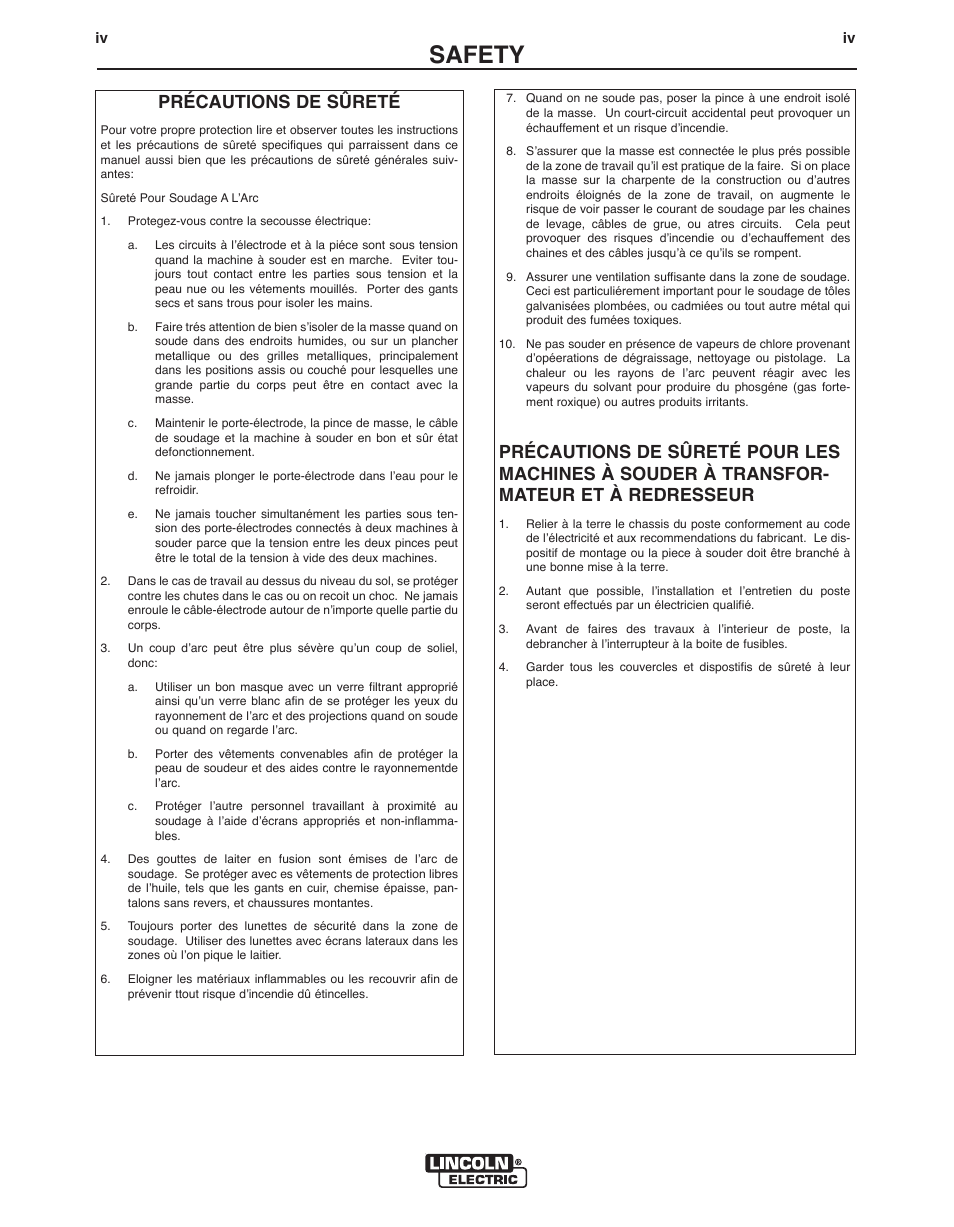 Safety, Précautions de sûreté | Lincoln Electric IM355 LN-9F GMA Wire Feeder User Manual | Page 5 / 70