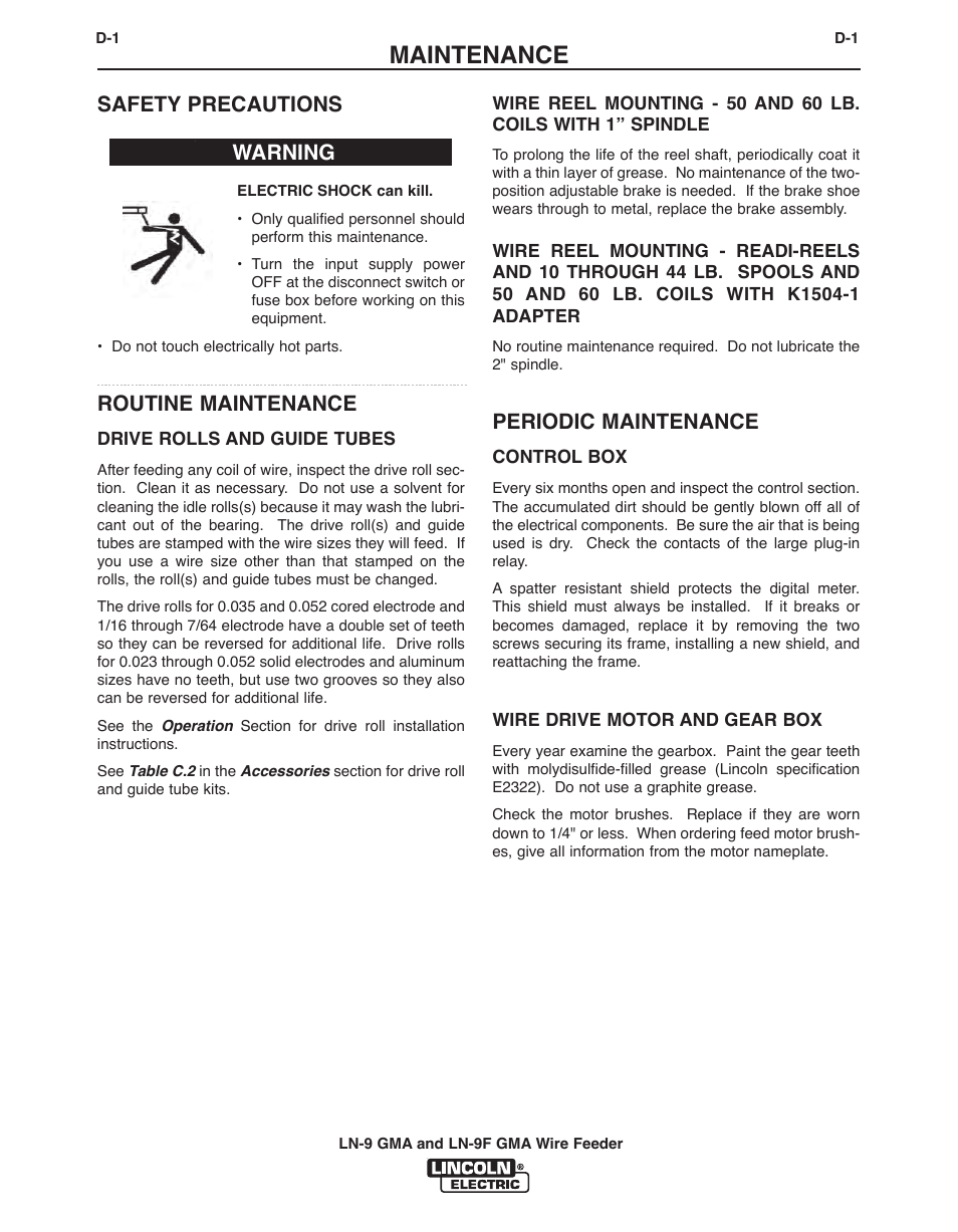 Maintenance, Safety precautions, Routine maintenance | Periodic maintenance, Warning | Lincoln Electric IM355 LN-9F GMA Wire Feeder User Manual | Page 52 / 70