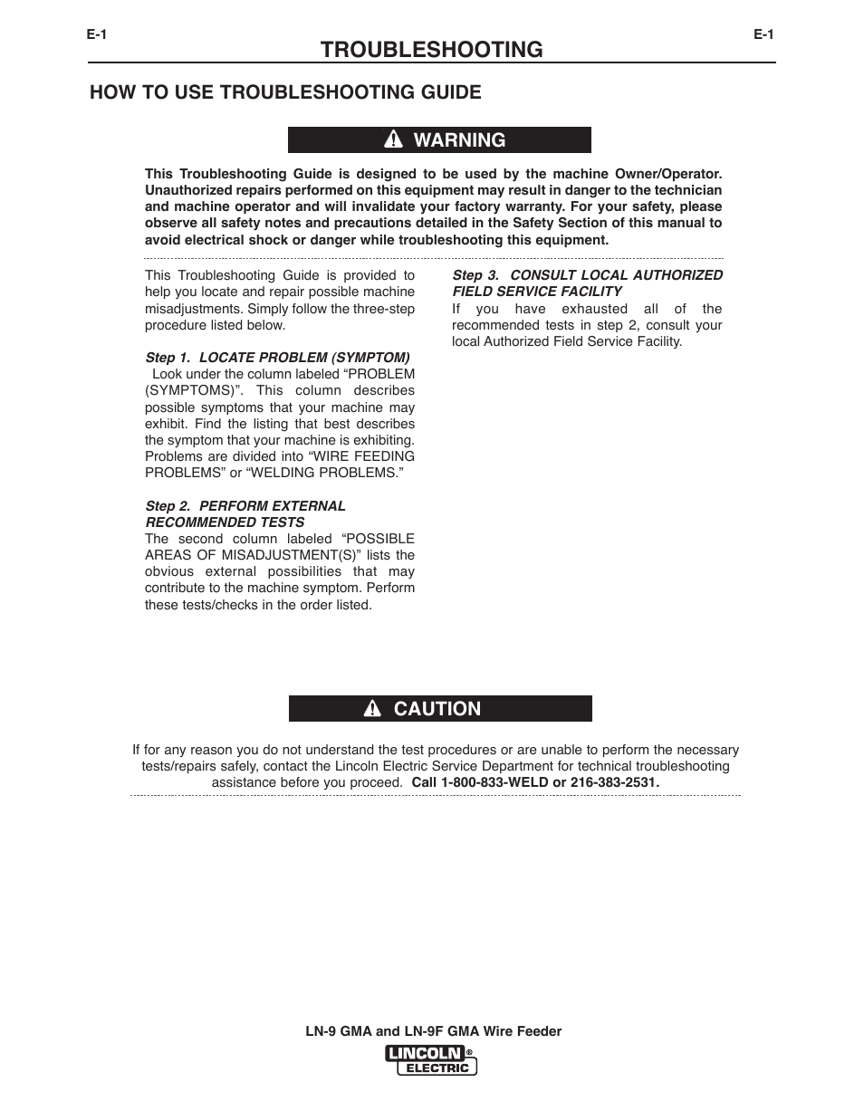 Troubleshooting, Warning caution how to use troubleshooting guide | Lincoln Electric IM355 LN-9F GMA Wire Feeder User Manual | Page 55 / 70