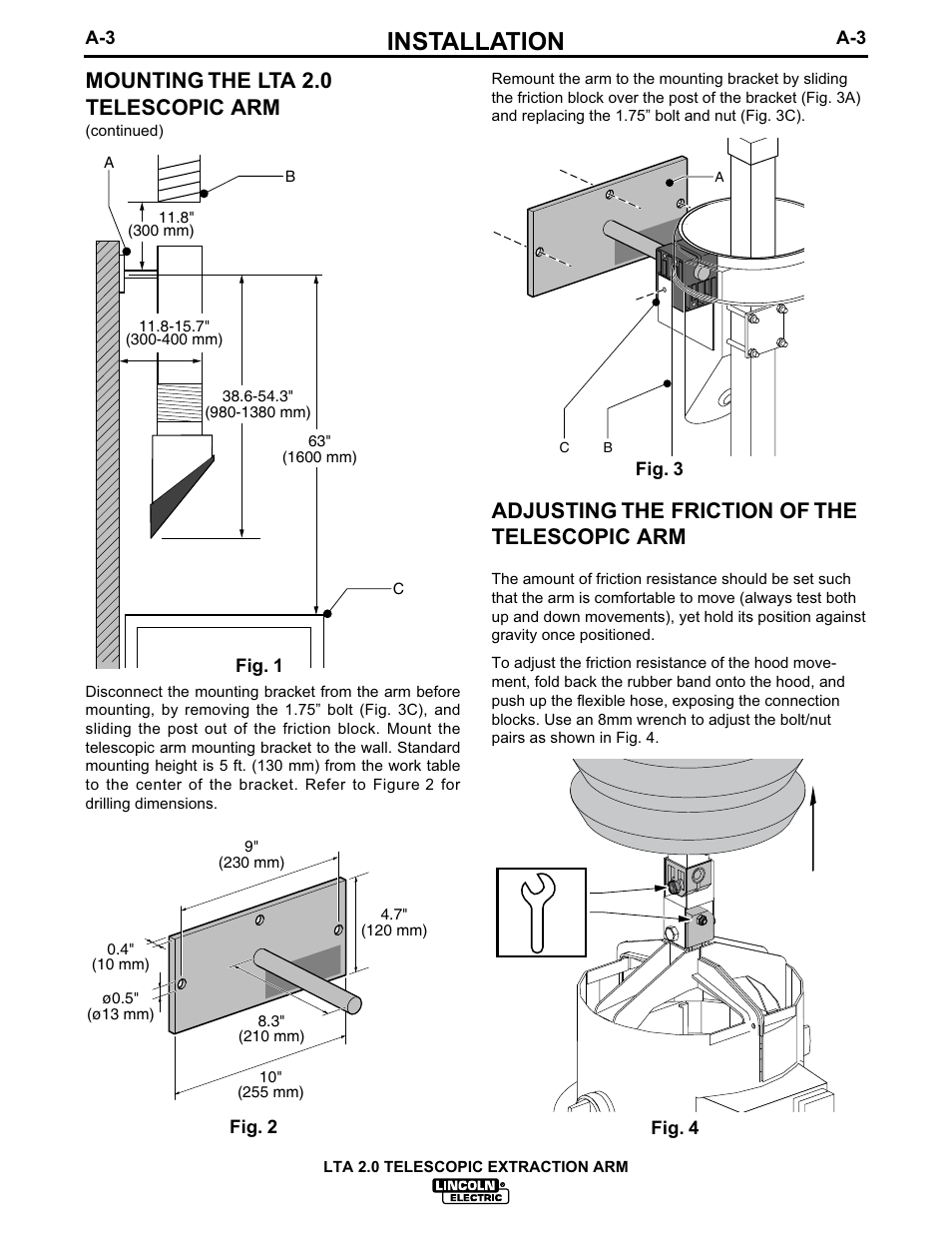 Installation, Mounting the lta 2.0 telescopic arm, Adjusting the friction of the telescopic arm | Lincoln Electric IM624 LTA 2.0 TELESCOPIC EXTRACTION ARM User Manual | Page 10 / 28