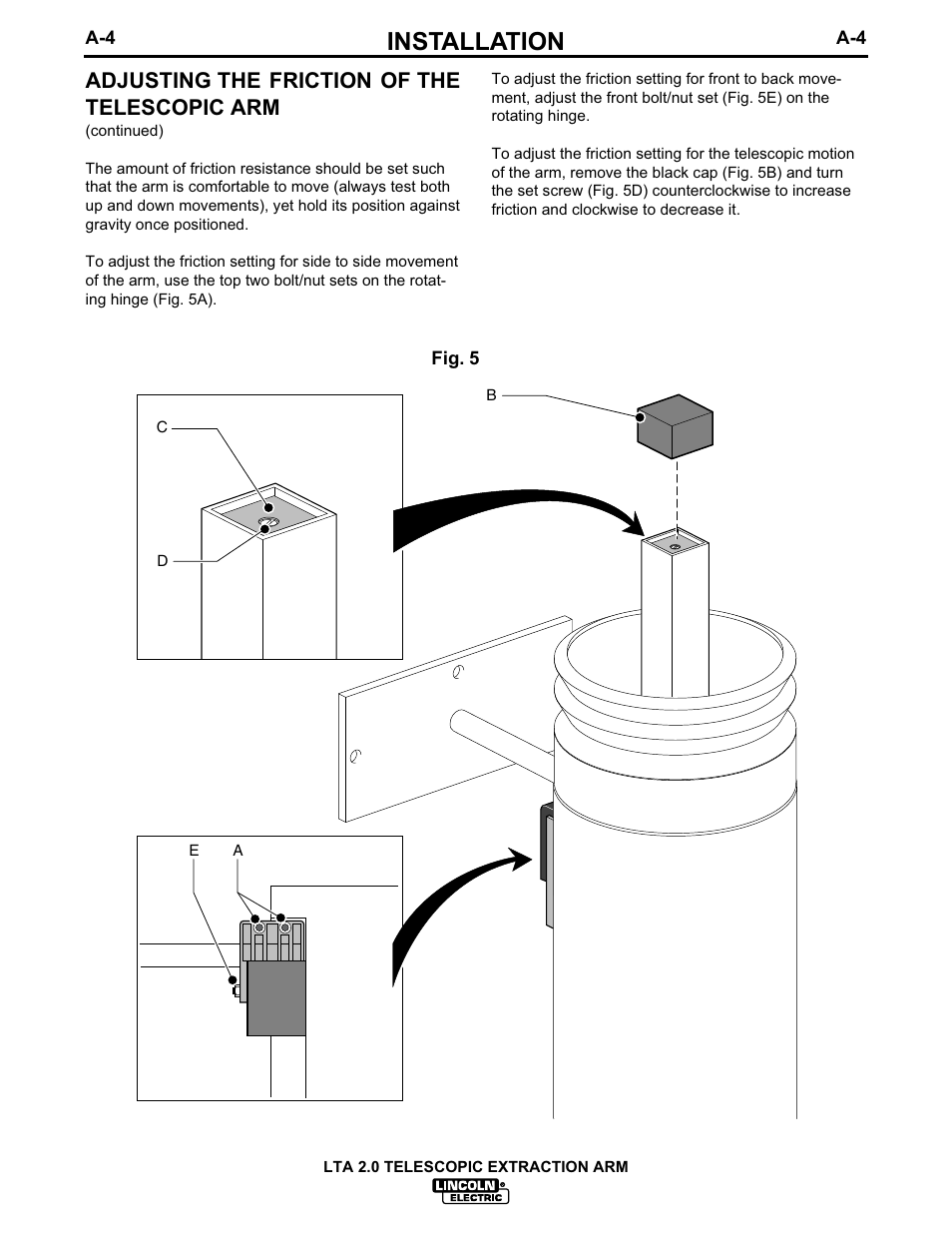 Installation, Adjusting the friction of the telescopic arm | Lincoln Electric IM624 LTA 2.0 TELESCOPIC EXTRACTION ARM User Manual | Page 11 / 28