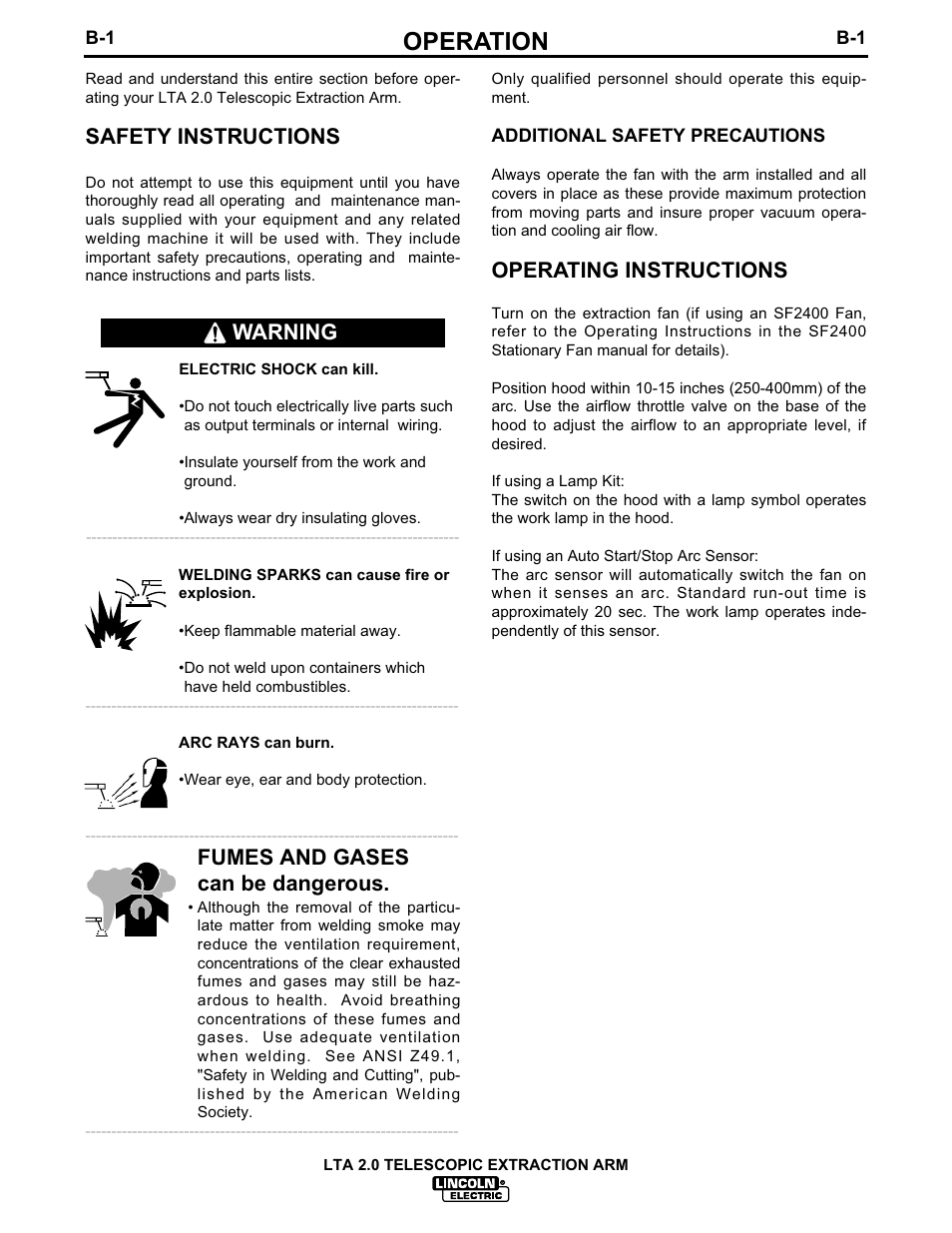 Operation, Safety instructions, Fumes and gases can be dangerous | Operating instructions, Warning | Lincoln Electric IM624 LTA 2.0 TELESCOPIC EXTRACTION ARM User Manual | Page 12 / 28