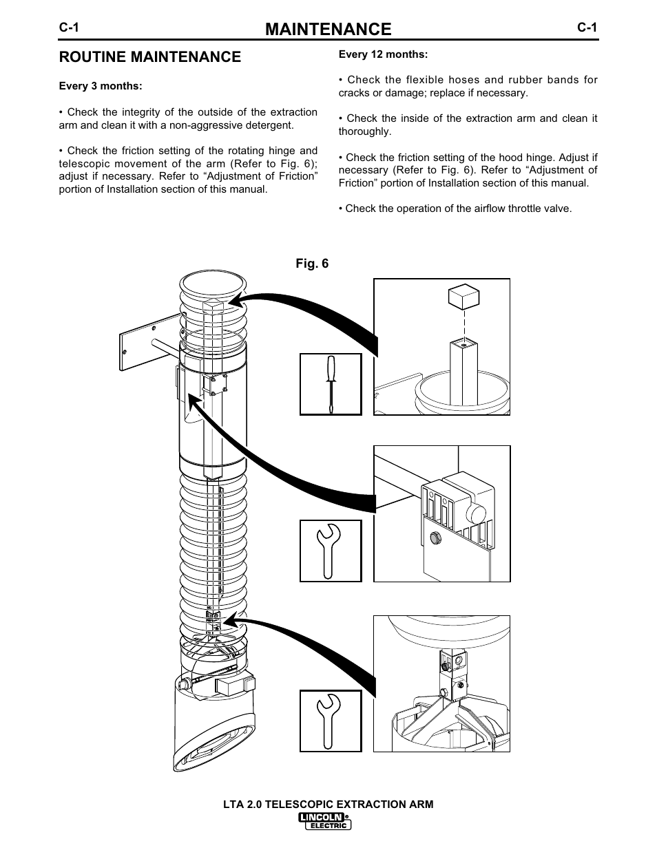 Maintenance, Routine maintenance | Lincoln Electric IM624 LTA 2.0 TELESCOPIC EXTRACTION ARM User Manual | Page 13 / 28