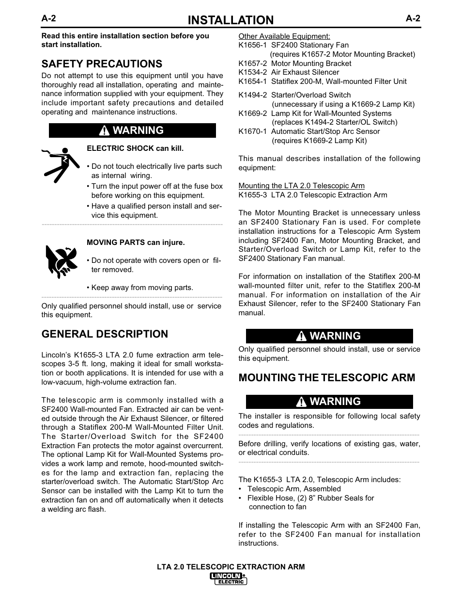 Installation, Mounting the telescopic arm, Safety precautions | General description, Warning | Lincoln Electric IM624 LTA 2.0 TELESCOPIC EXTRACTION ARM User Manual | Page 9 / 28