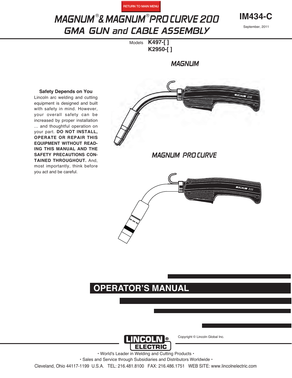 Lincoln Electric IM434 K497-,K2950- MAGNUM & MAGNUM PRO CURVE200 User Manual | 21 pages