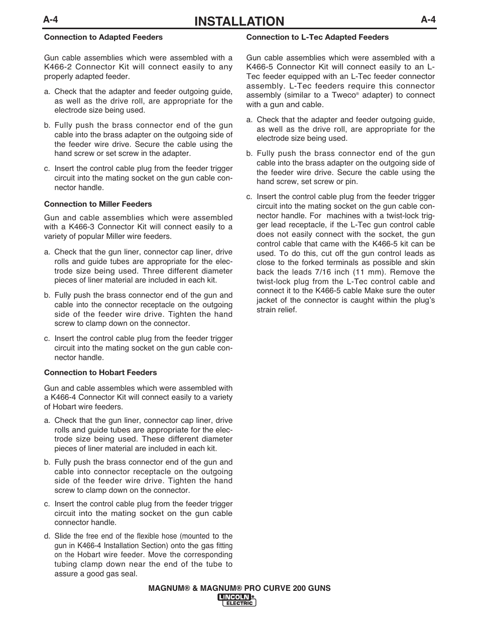 Installation | Lincoln Electric IM434 K497-,K2950- MAGNUM & MAGNUM PRO CURVE200 User Manual | Page 11 / 21