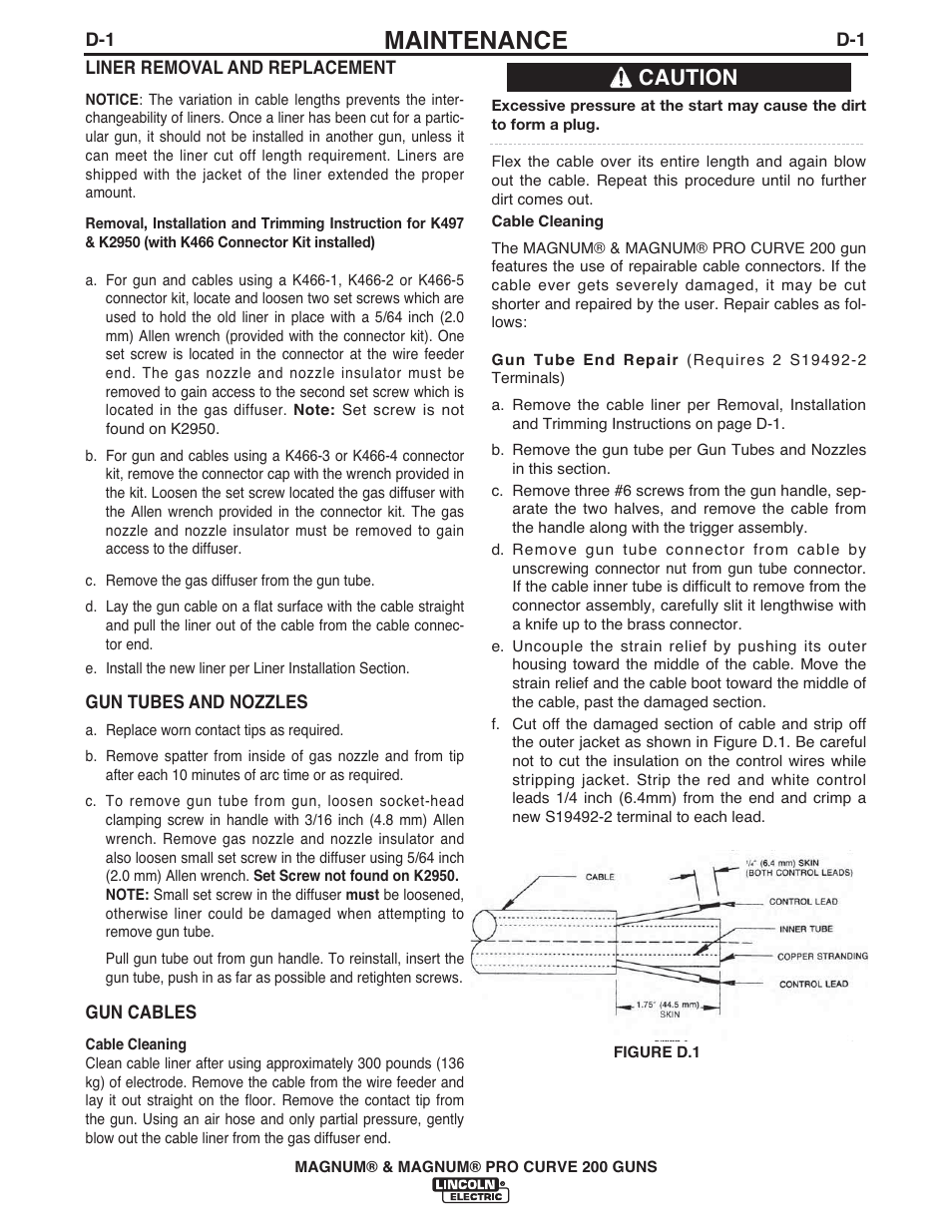 Maintenance, Caution | Lincoln Electric IM434 K497-,K2950- MAGNUM & MAGNUM PRO CURVE200 User Manual | Page 14 / 21