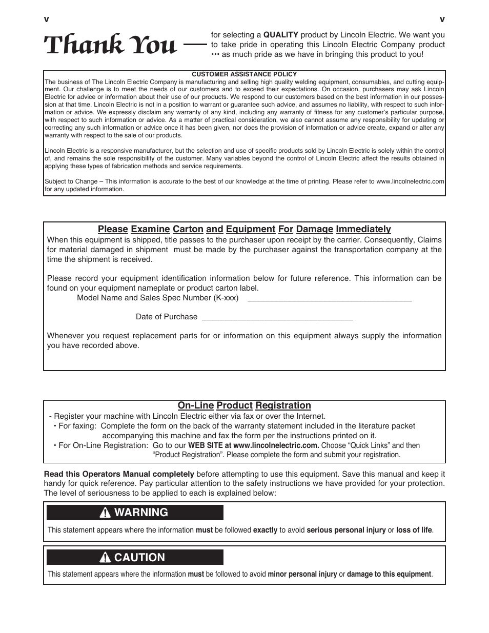 Warning, Caution | Lincoln Electric IM434 K497-,K2950- MAGNUM & MAGNUM PRO CURVE200 User Manual | Page 6 / 21