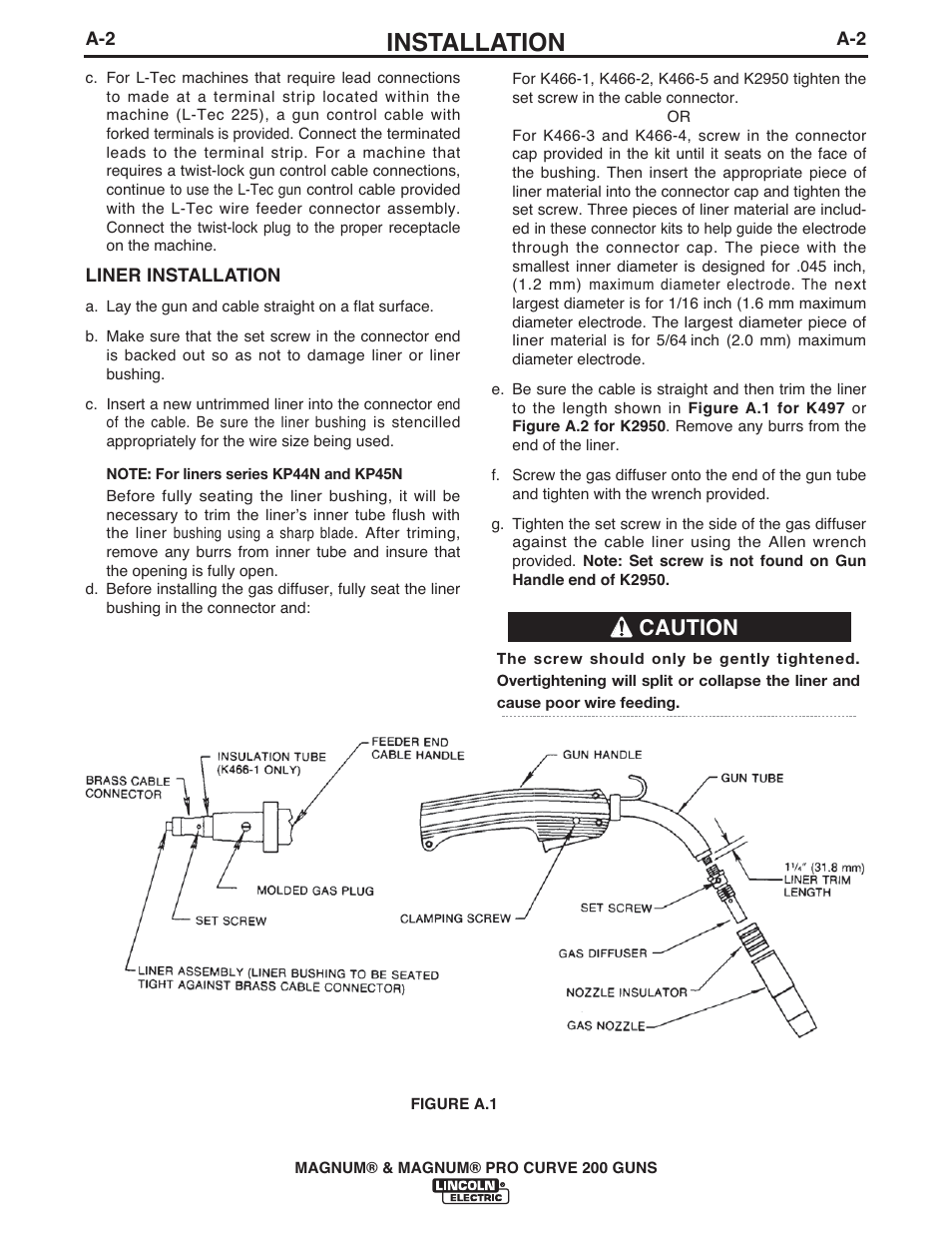 Installation, Caution | Lincoln Electric IM434 K497-,K2950- MAGNUM & MAGNUM PRO CURVE200 User Manual | Page 9 / 21