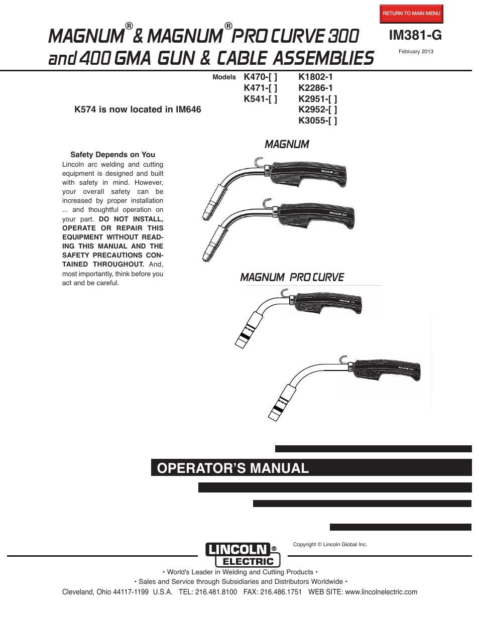 Lincoln Electric IM381 K470-,K471-,K541-,K1802-1, K2286-1,K2951-,K2952-,K3055- MAGNUM & MAGNUM PRO CURVE 300 User Manual | 31 pages