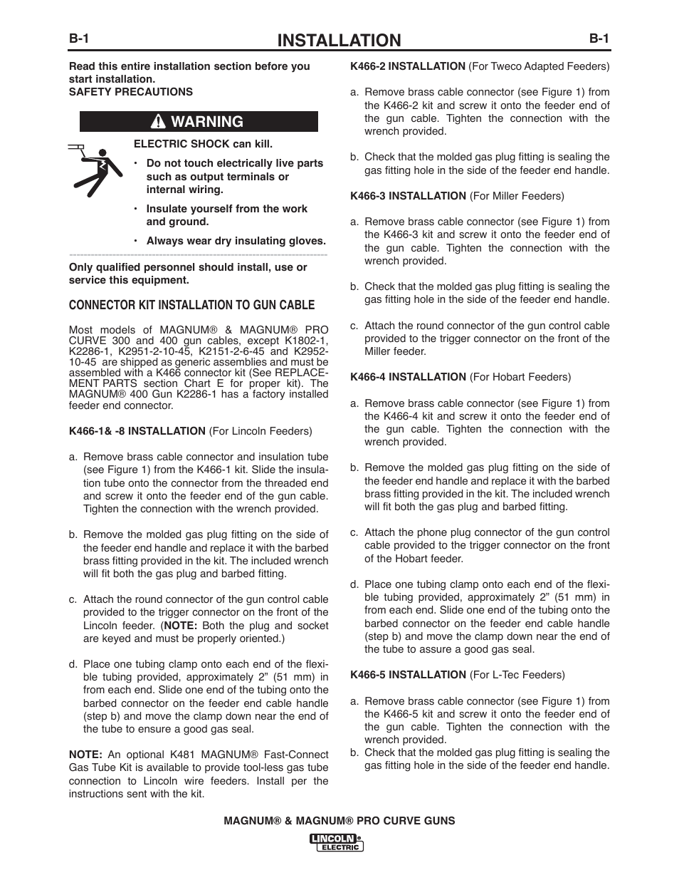 Installation, Warning | Lincoln Electric IM381 K470-,K471-,K541-,K1802-1, K2286-1,K2951-,K2952-,K3055- MAGNUM & MAGNUM PRO CURVE 300 User Manual | Page 13 / 31