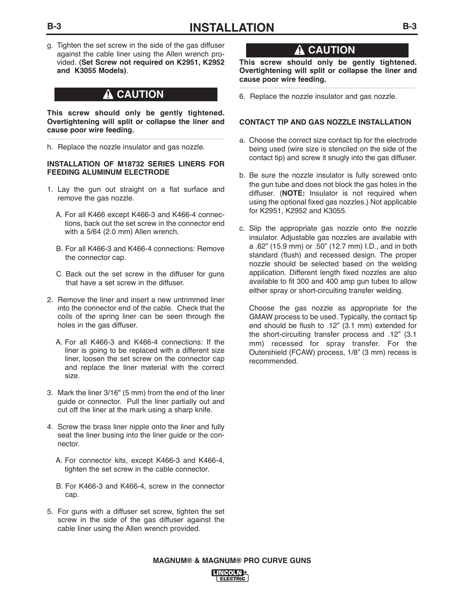 Installation, Caution | Lincoln Electric IM381 K470-,K471-,K541-,K1802-1, K2286-1,K2951-,K2952-,K3055- MAGNUM & MAGNUM PRO CURVE 300 User Manual | Page 15 / 31