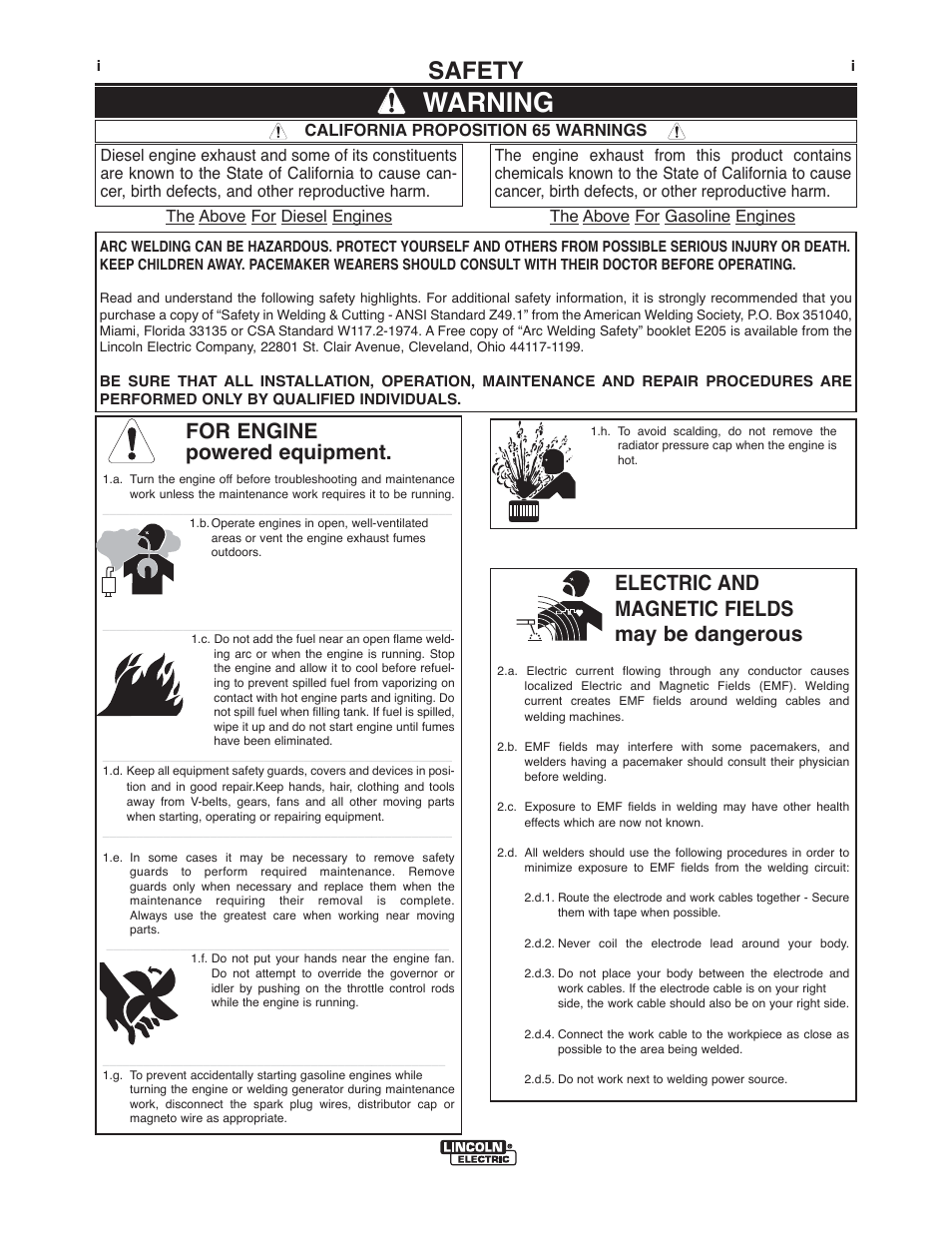 Warning, Safety, For engine powered equipment | Electric and magnetic fields may be dangerous | Lincoln Electric IM381 K470-,K471-,K541-,K1802-1, K2286-1,K2951-,K2952-,K3055- MAGNUM & MAGNUM PRO CURVE 300 User Manual | Page 2 / 31