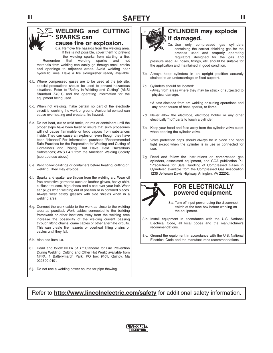 Safety, For electrically powered equipment, Cylinder may explode if damaged | Lincoln Electric IM381 K470-,K471-,K541-,K1802-1, K2286-1,K2951-,K2952-,K3055- MAGNUM & MAGNUM PRO CURVE 300 User Manual | Page 4 / 31