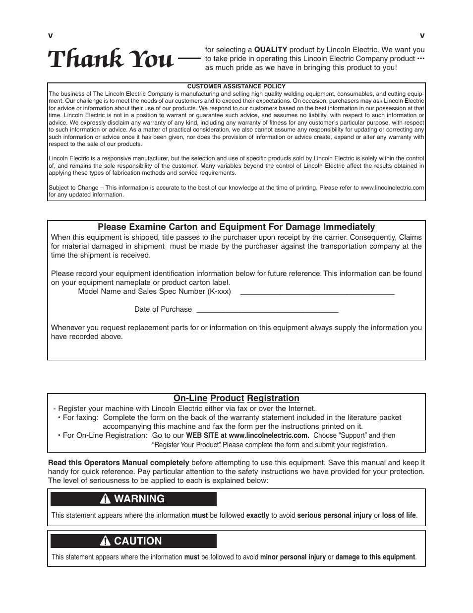 Warning, Caution | Lincoln Electric IM381 K470-,K471-,K541-,K1802-1, K2286-1,K2951-,K2952-,K3055- MAGNUM & MAGNUM PRO CURVE 300 User Manual | Page 6 / 31