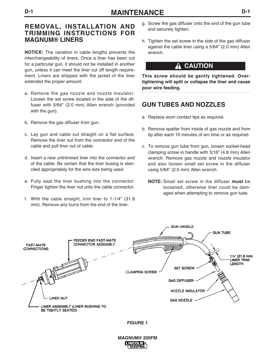 Maintenance, Gun tubes and nozzles, Caution | Lincoln Electric IM435 K498 MAGNUM 200FM Fast-Mate Gun and Cable User Manual | Page 11 / 22