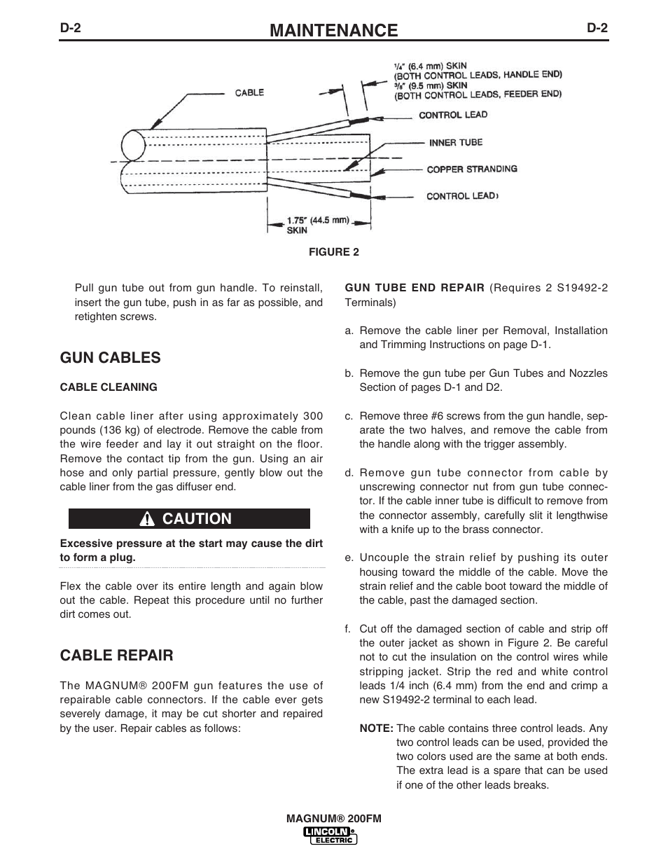 Maintenance, Gun cables, Cable repair | Caution | Lincoln Electric IM435 K498 MAGNUM 200FM Fast-Mate Gun and Cable User Manual | Page 12 / 22