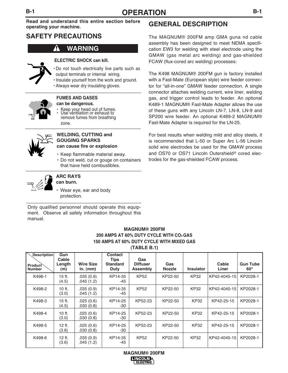 Operation, General description, Safety precautions | Warning | Lincoln Electric IM435 K498 MAGNUM 200FM Fast-Mate Gun and Cable User Manual | Page 9 / 22