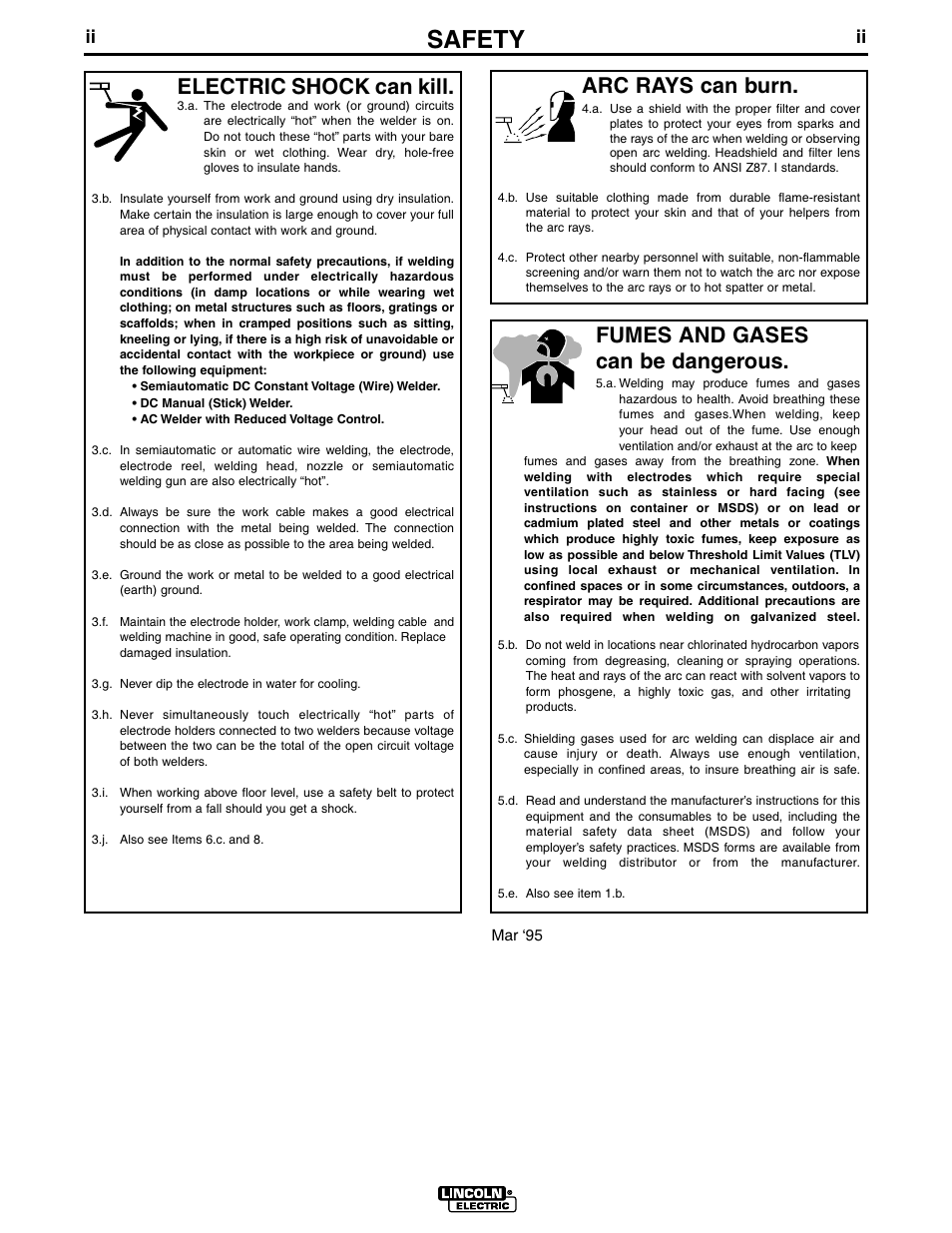 Safety, Arc rays can burn, Electric shock can kill | Fumes and gases can be dangerous | Lincoln Electric IM616 K1614-12 & -13 MAGNUM 250 NR FM Fast-Mate Gun and Cable User Manual | Page 3 / 27