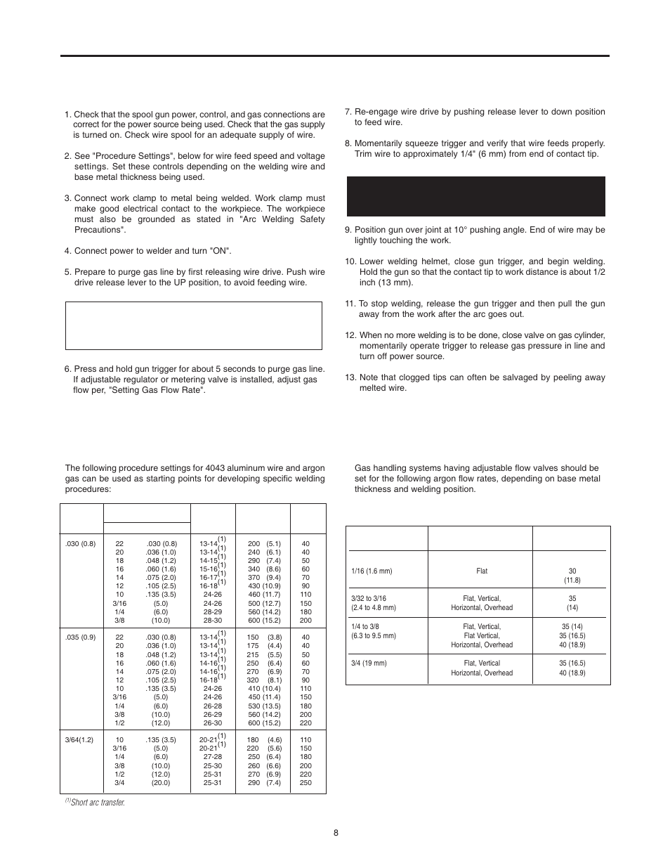 Magnum 250 lx - operating instructions, Making a weld, Warning | Procedure settings, Setting gas flow rate | Lincoln Electric IM887 K2490-1 MAGNUM 250 LX SPOOL GUN User Manual | Page 14 / 20