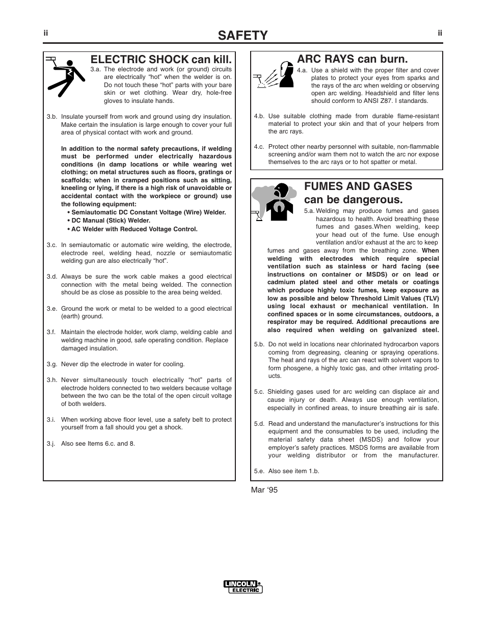 Safety, Arc rays can burn, Electric shock can kill | Fumes and gases can be dangerous | Lincoln Electric IM887 K2490-1 MAGNUM 250 LX SPOOL GUN User Manual | Page 3 / 20