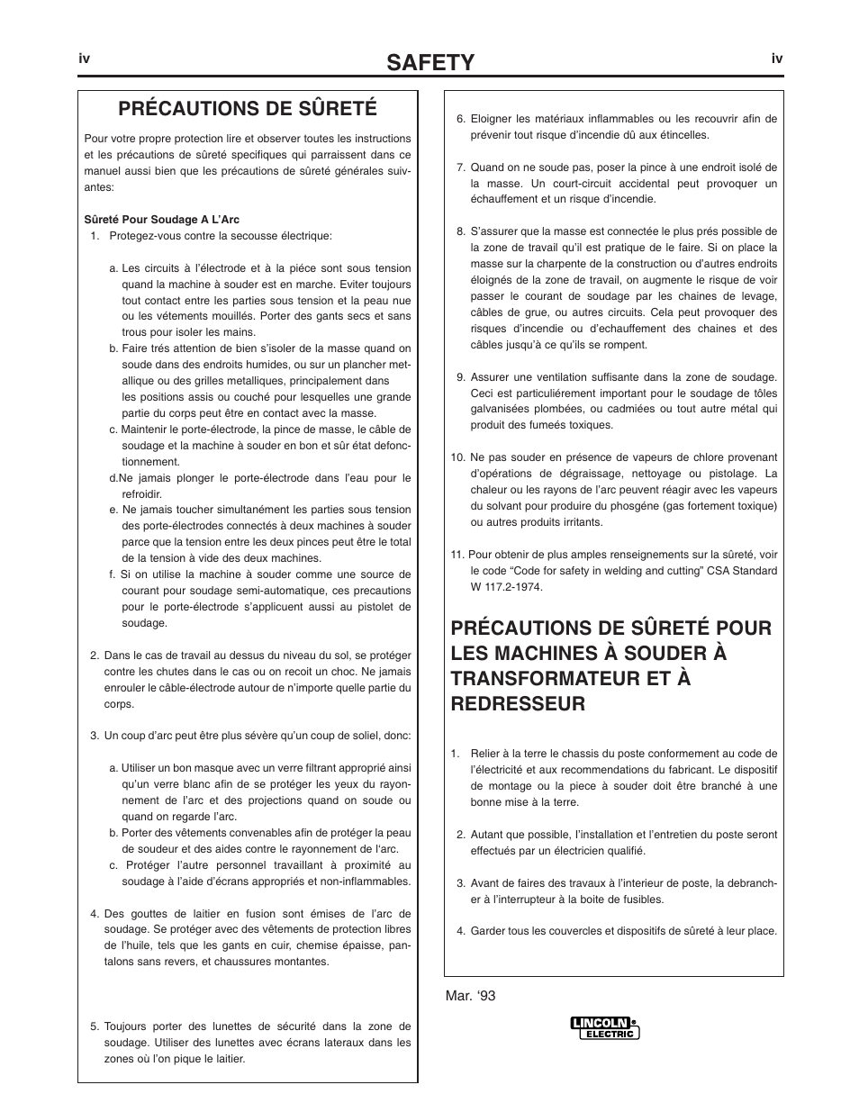 Safety, Précautions de sûreté | Lincoln Electric IM887 K2490-1 MAGNUM 250 LX SPOOL GUN User Manual | Page 5 / 20