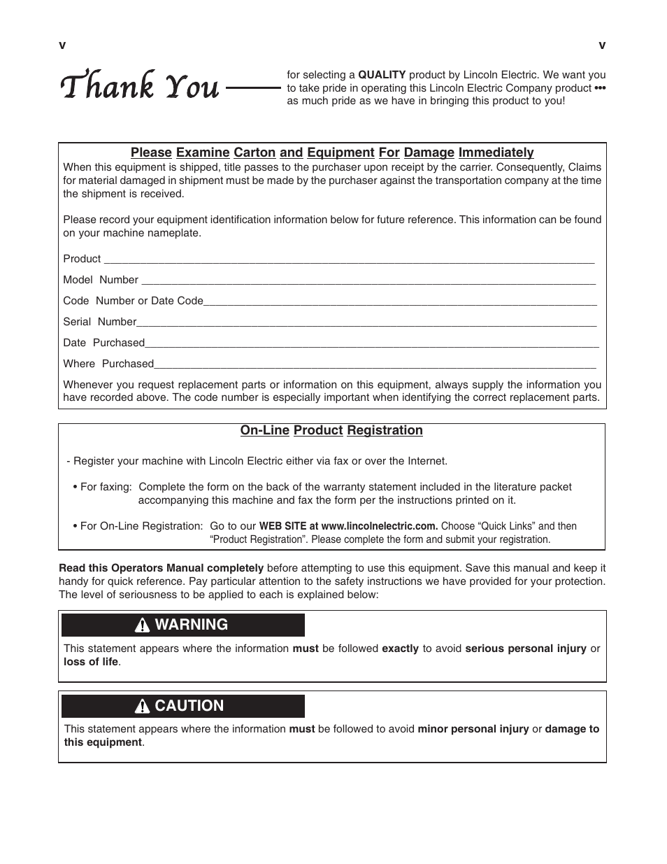 Warning, Caution | Lincoln Electric IM887 K2490-1 MAGNUM 250 LX SPOOL GUN User Manual | Page 6 / 20