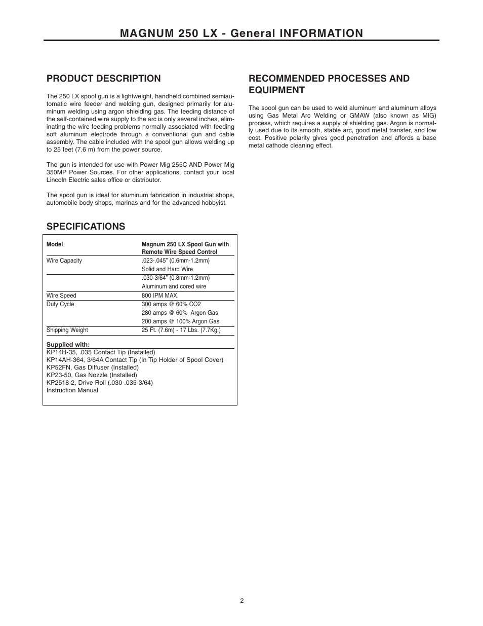 Magnum 250 lx - general information, Product description, Specifications | Recommended processes and equipment | Lincoln Electric IM887 K2490-1 MAGNUM 250 LX SPOOL GUN User Manual | Page 8 / 20