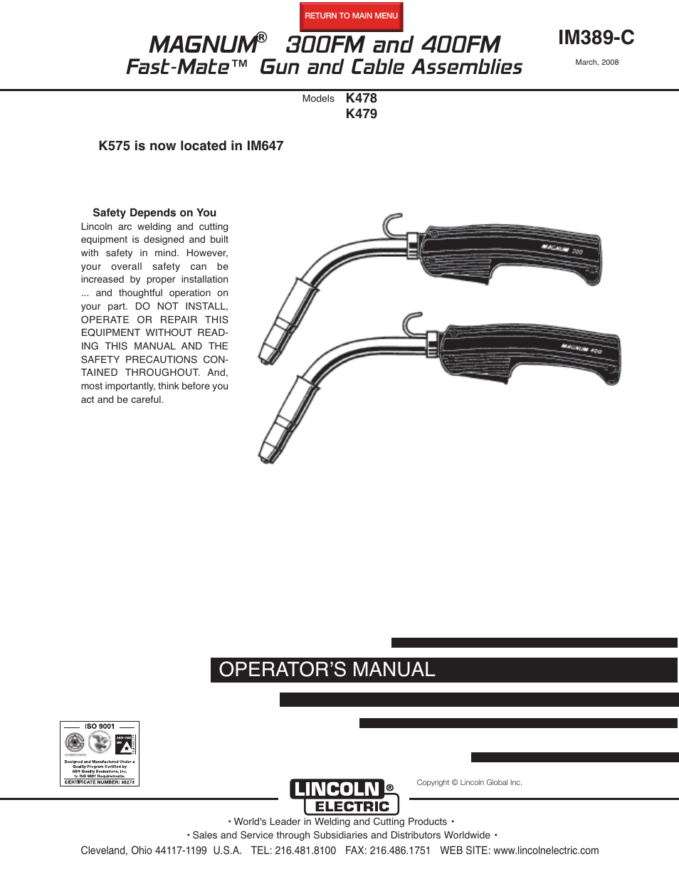 Lincoln Electric IM389 K478,K479 MAGNUM 300FM and 400FM User Manual | 25 pages