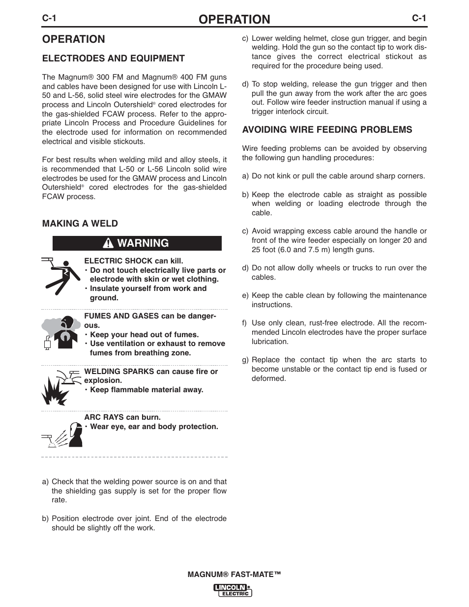 Operation, Warning | Lincoln Electric IM389 K478,K479 MAGNUM 300FM and 400FM User Manual | Page 11 / 25