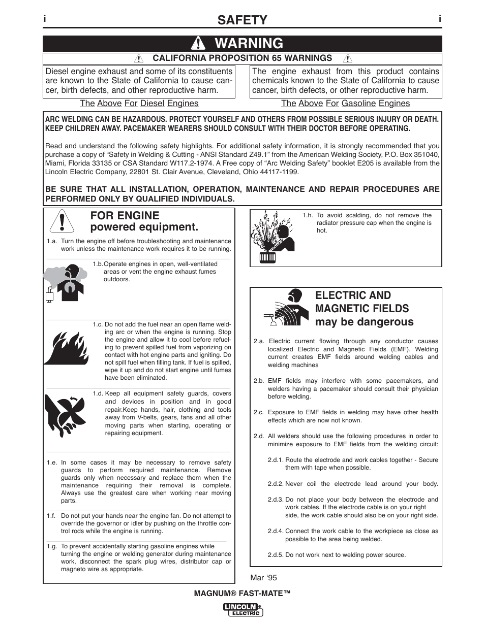 Warning, Safety, For engine powered equipment | Electric and magnetic fields may be dangerous | Lincoln Electric IM389 K478,K479 MAGNUM 300FM and 400FM User Manual | Page 2 / 25