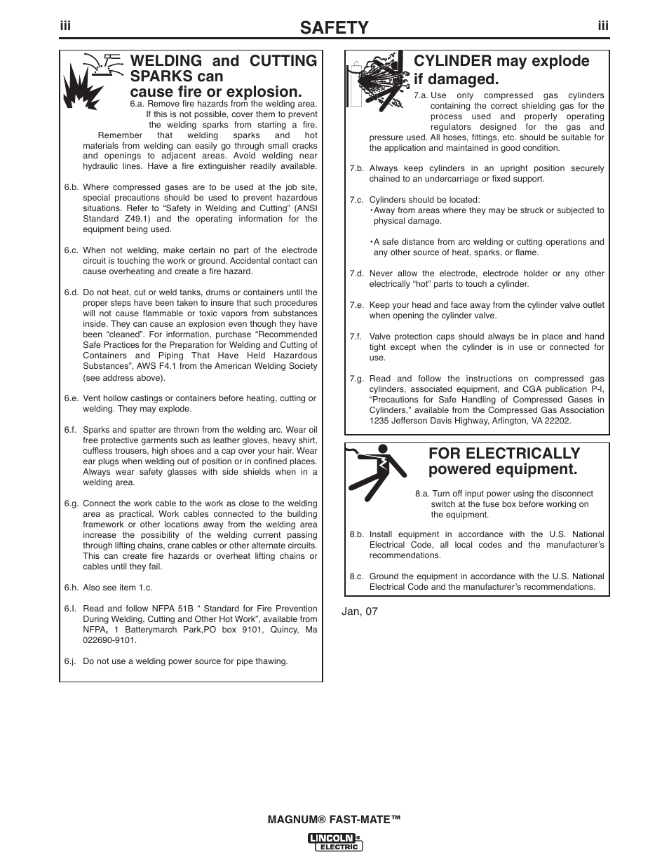 Safety, For electrically powered equipment, Cylinder may explode if damaged | Lincoln Electric IM389 K478,K479 MAGNUM 300FM and 400FM User Manual | Page 4 / 25